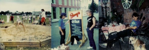 (Right) Doing the Sturdy Beggars Mud Show. (Center) The author and Ross Salinger in the French Quarter. (Right) John Goodrich relaxes in the courtyard of Napoleon House.